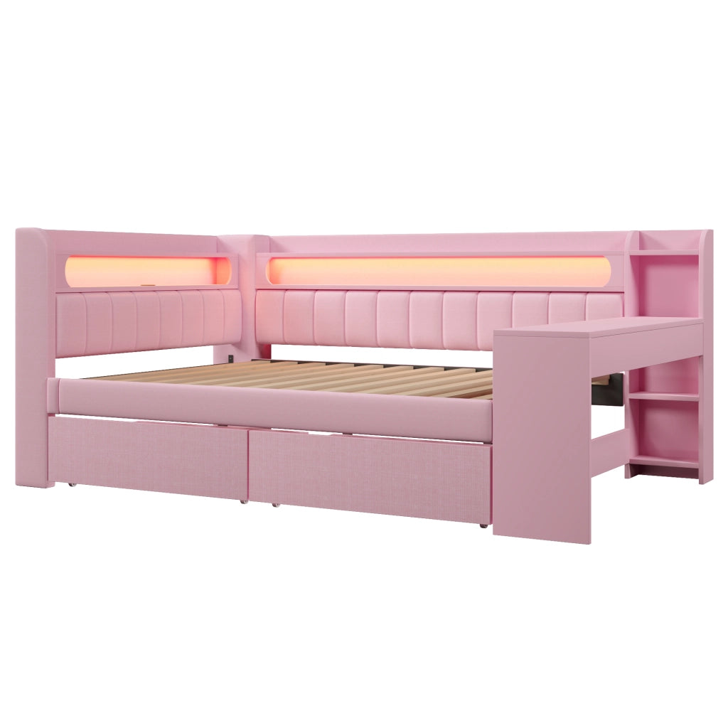 Letto imbottito 140x200 - Zephmum - Rosa con USB, LED, scrivania e 2 cassetti
