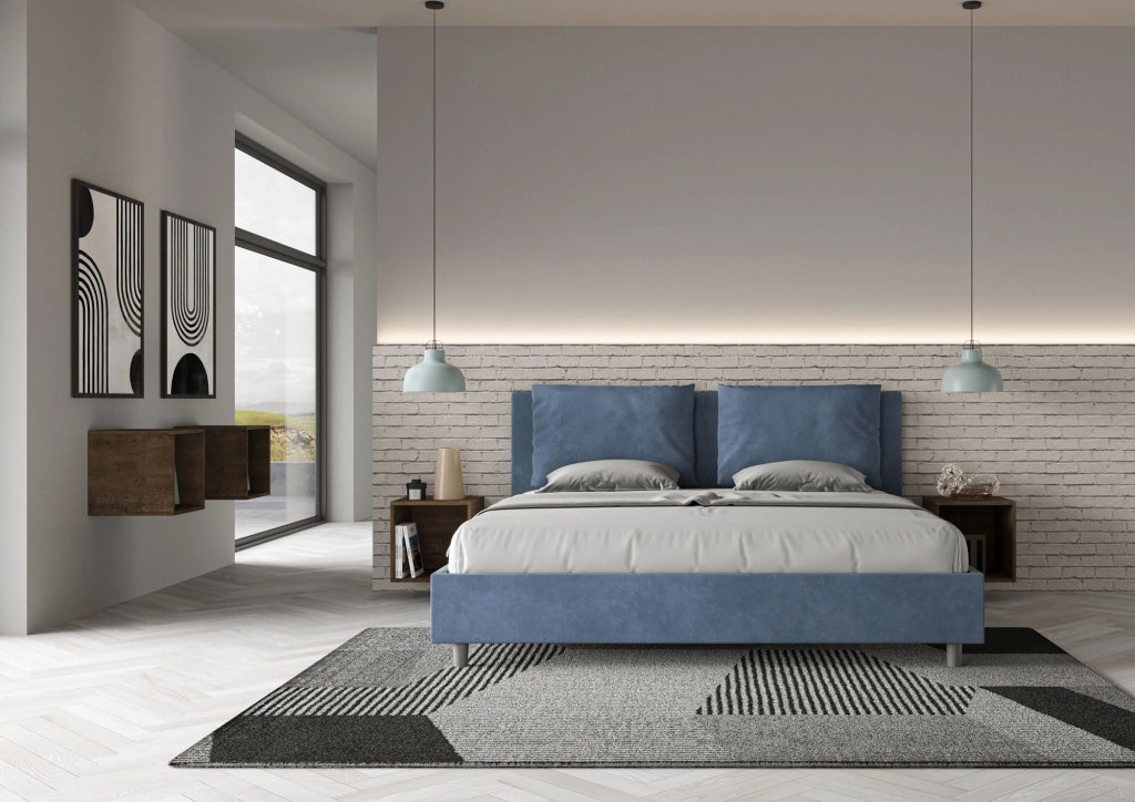BS COM Letto matrimoniale king size senza rete imbottito 170x200 microfibra blu