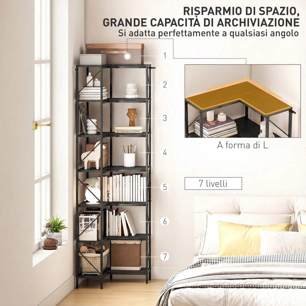 Libreria Angolare Scaffale Industriale 7 Ripiani ¨C zephmum ¨C Effetto Legno Nero