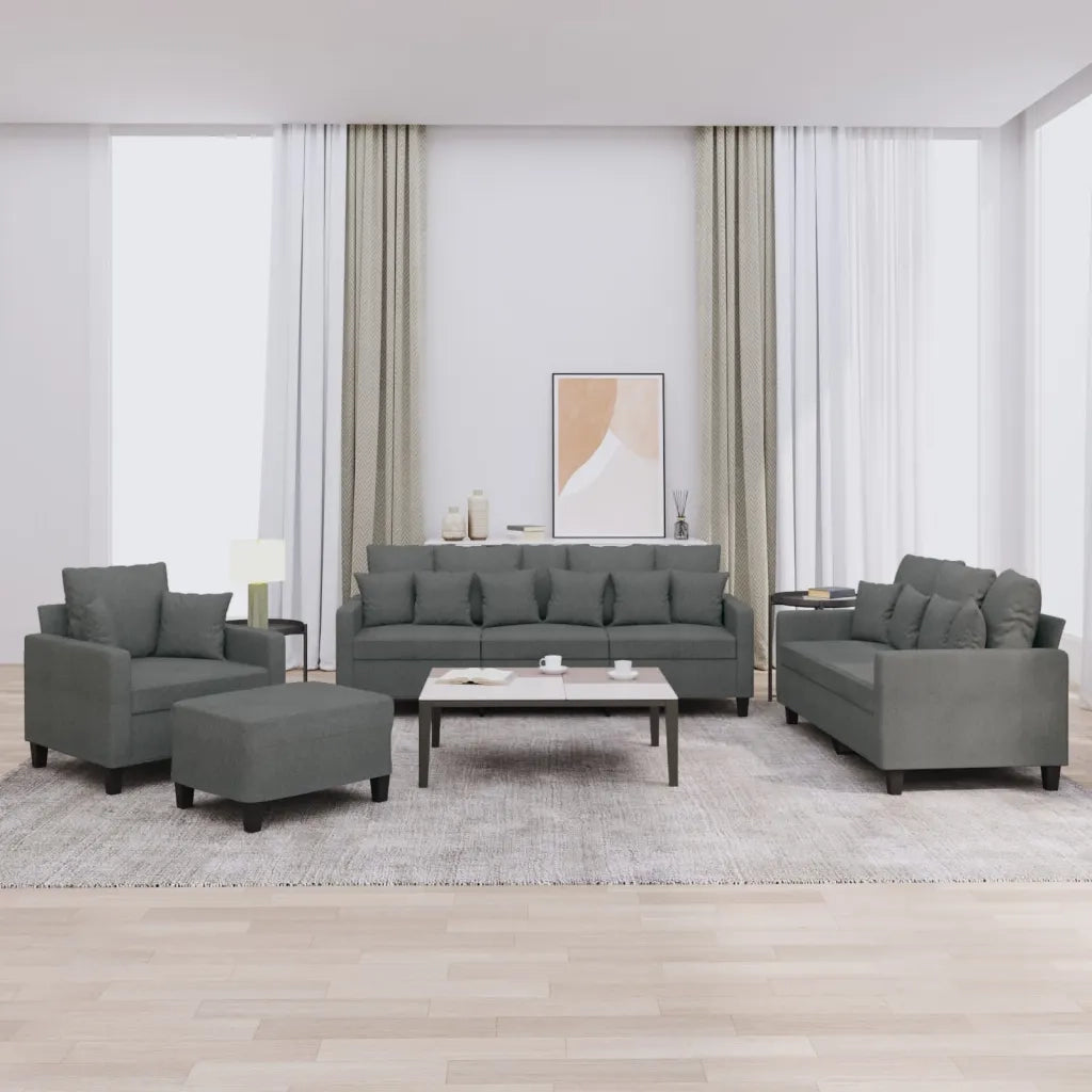 Set di Divani 4 pz con Cuscini Grigio Scuro in Tessuto