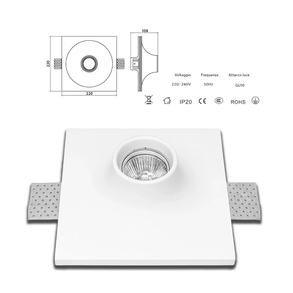 *STOCK* Portafaretto In Gesso Ceramico ad incasso CONO 220x220mm  40W GU10 IP20