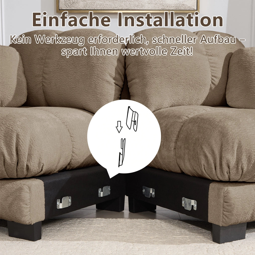 Divano panoramico a U 3 posti con pouf mobile e cuscini decorativi in ciniglia marrone