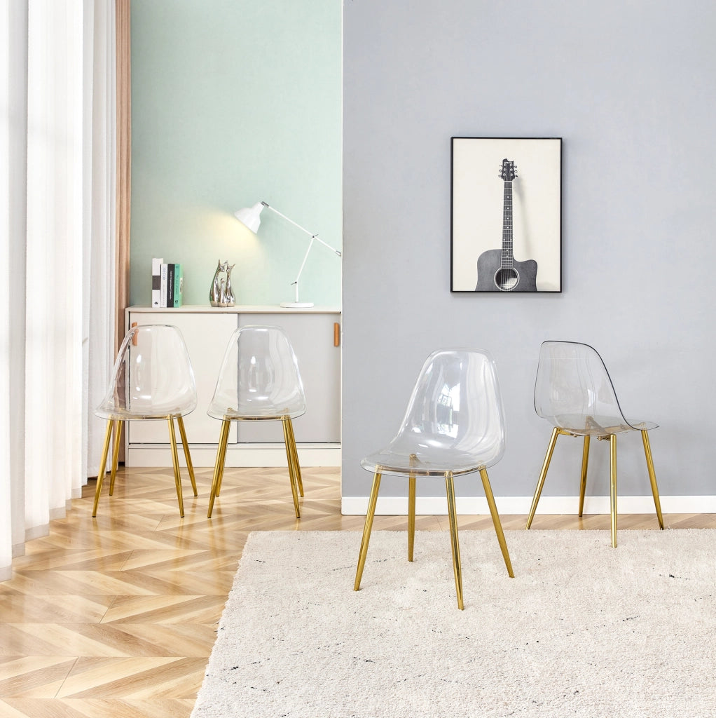 Set 4 sedie da pranzo trasparenti con gambe in metallo oro; 83 cm; plastica e metallo