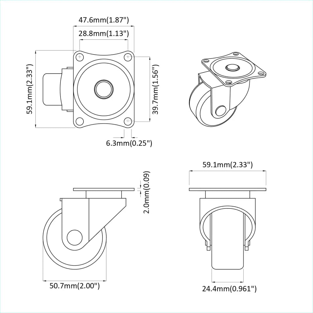 Rullo girevole 2 pcs Argento 60 x 60 x 50 mm Ferro e nylon 864762