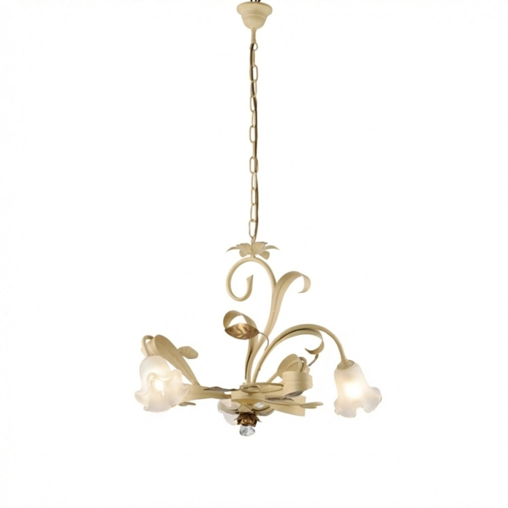 Lampadario Arte Povera Cesto Metallo Avorio E Oro 3 Luci E14