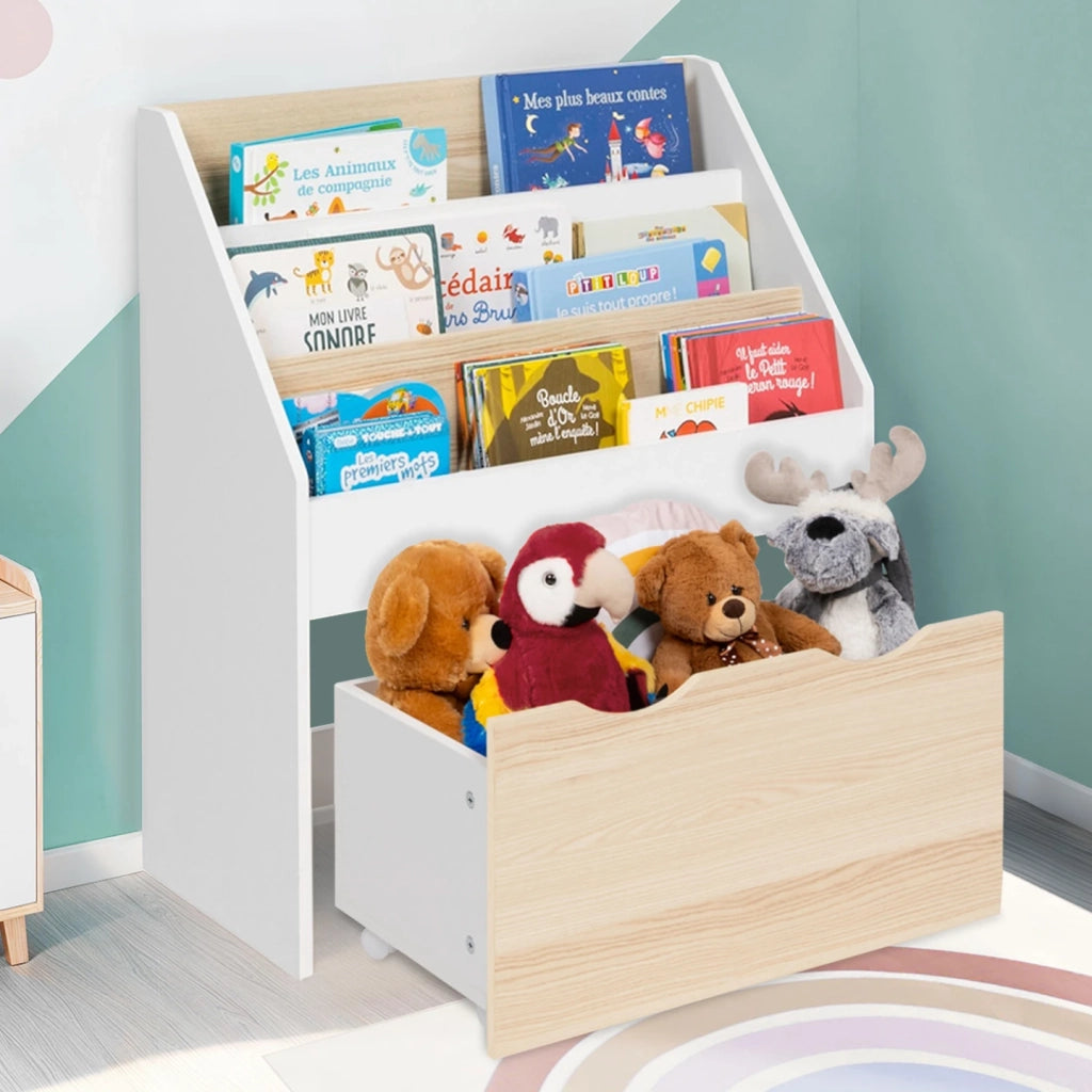 IDMarket - Libreria per bambini MANA con 3 ripiani e 1 vassoio su ruote bianche e faggio