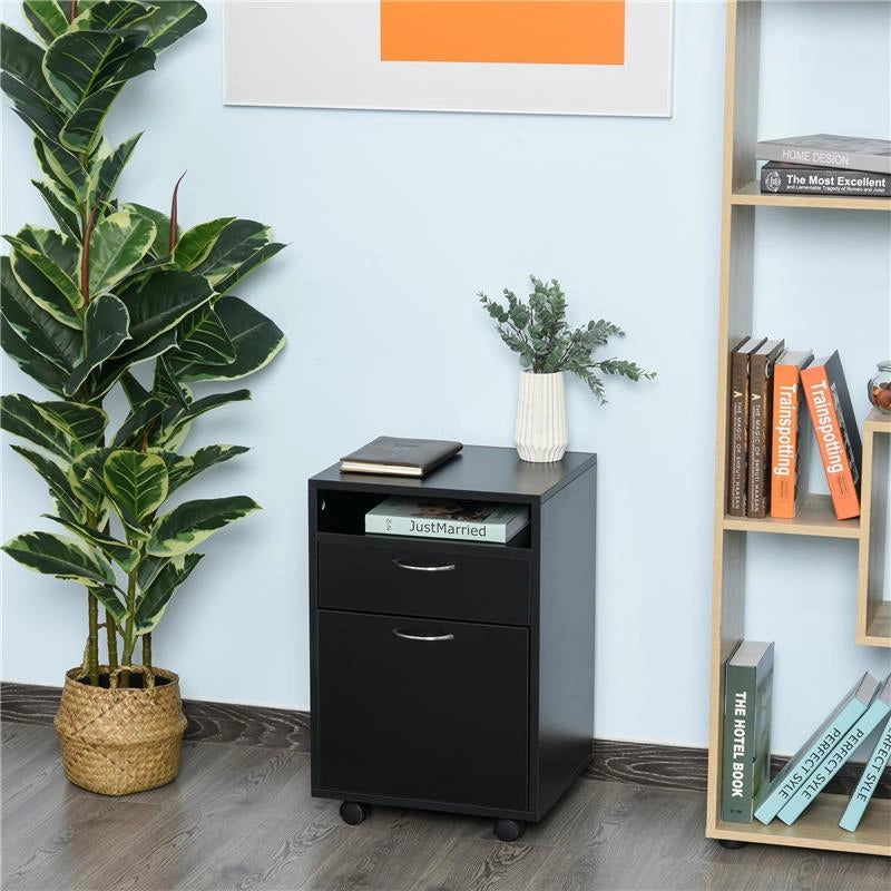 CASSETTIERA PORTADOCUMENTI DA UFFICIO CON RUOTE E 2 CASSETTI IN LEGNO NERO