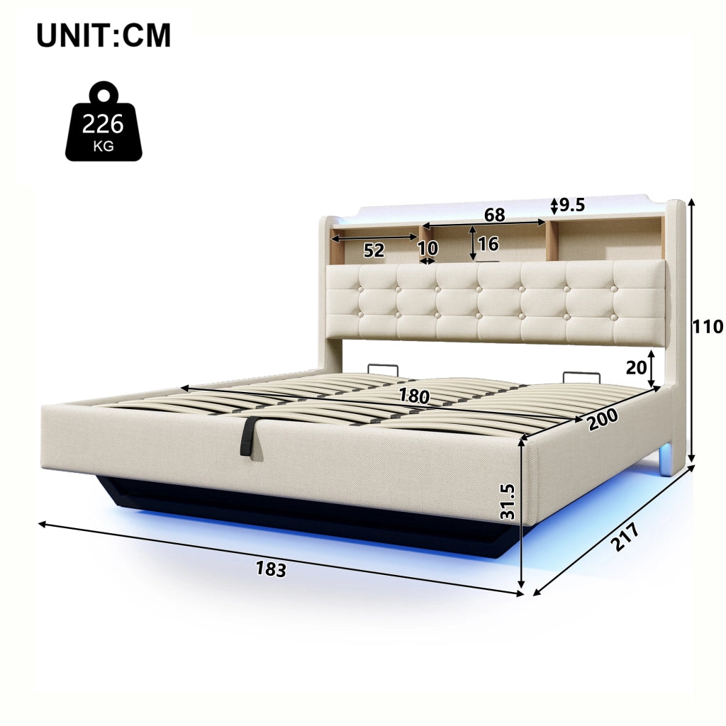 LETTO Imbottito 180x200 cm in lino beige con LED, USB e vano idraulico