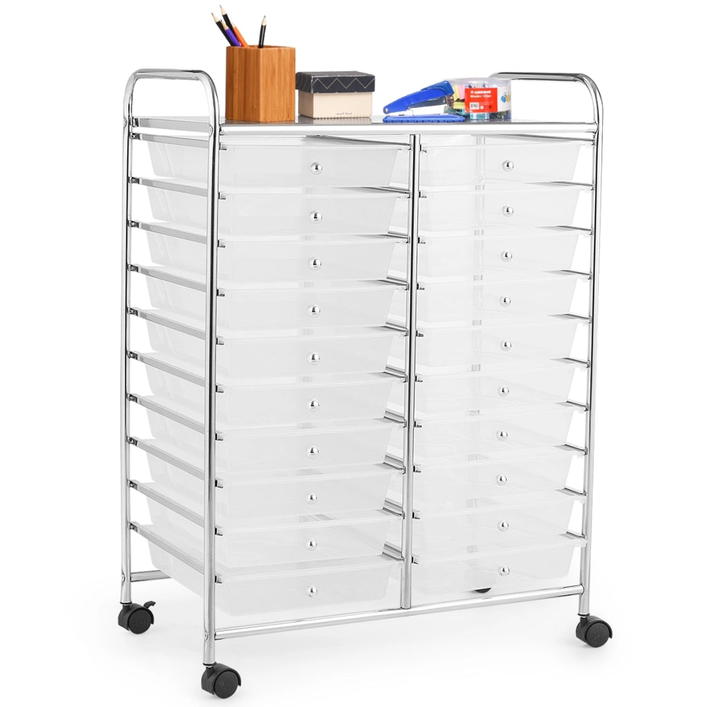 Carrello cassettiera multiuso e leggero con 20 cassetti, Contenitore con ruote per ufficio e casa Trasparente