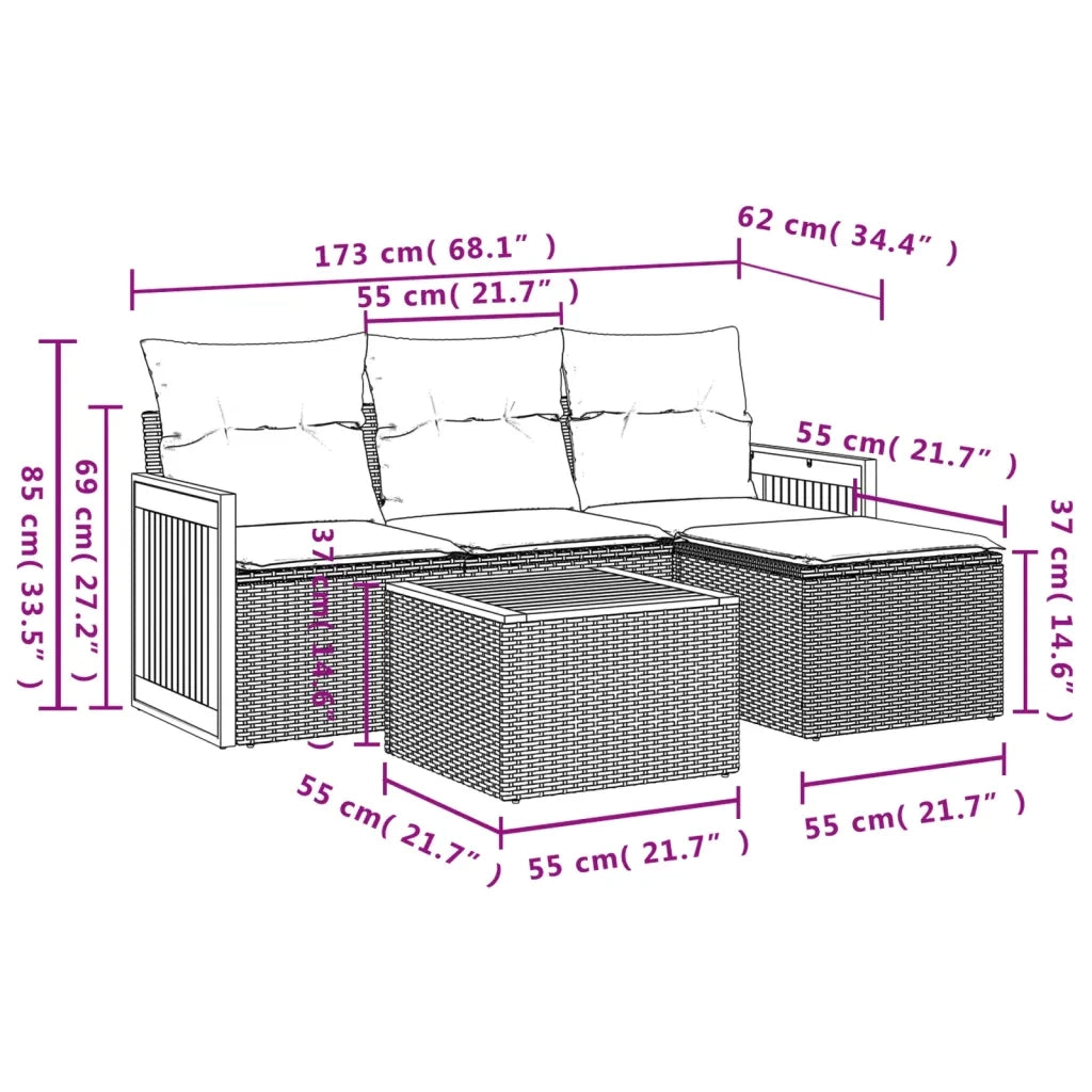 Set Divano da Giardino 5 pz | Set Salotto da Giardino con Cuscini Grigio in Polyrattan