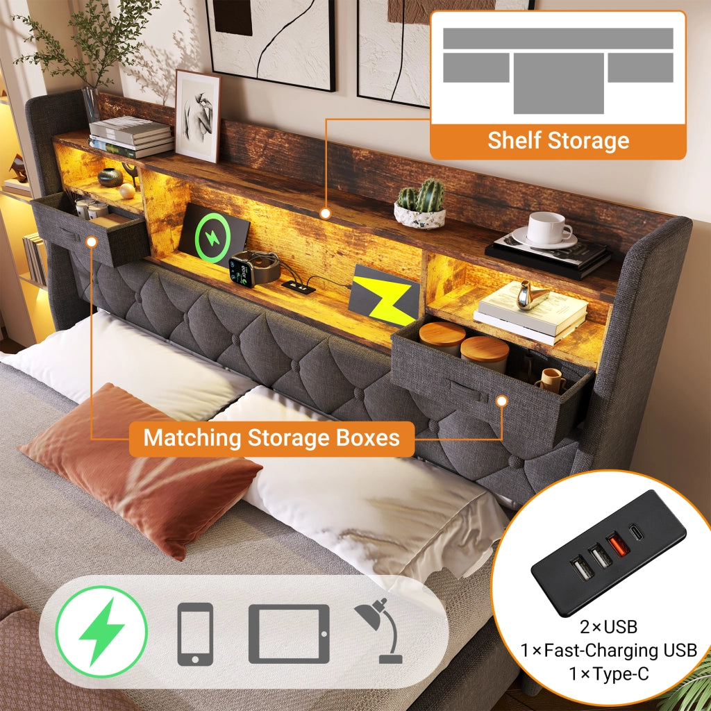 OKWISH Letto Contenitore 160×200 cm, Letto Matrimoniale con LED Regolabile, USB, Tipo C e Mensola, senza Materasso, in Lino, Grigio
