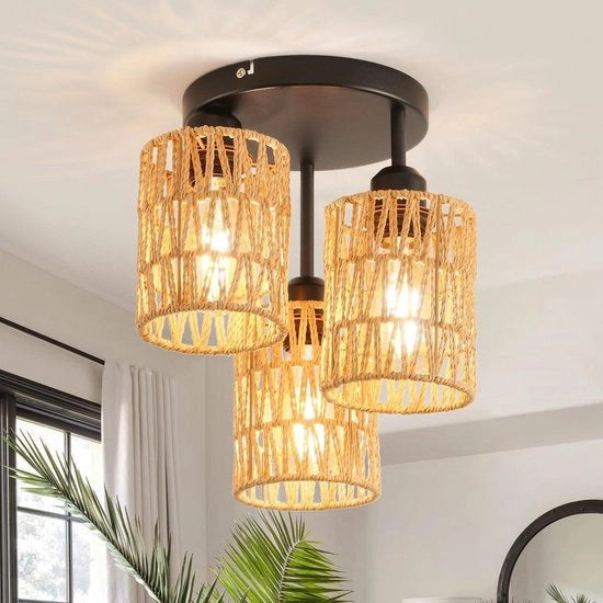 Lampada da soffitto a LED con 3 fiamme - Lampada da terra in rattan con ombrello in bambù vintage per soggiorno - Camera da letto - Cucina - Ingresso
