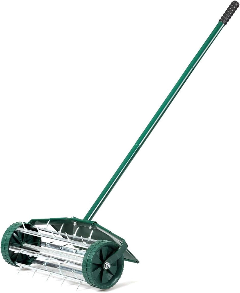 Arieggiatore per Prato a Rullo Manuale, Aeratore con Ruote da Giardino con Chiodi da 3 cm, Scarificatore a Mano in Metallo, Ideale per Prato, Orto e Terreno (46 x 127 cm, con Parafango)