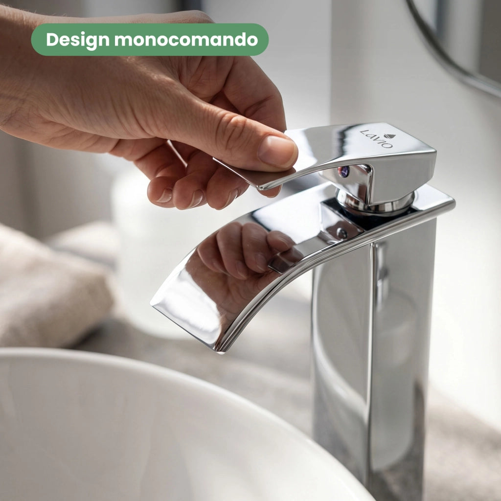 Rubinetto lavabo alto a cascata cromato da appoggio miscelatore bagno EVIO