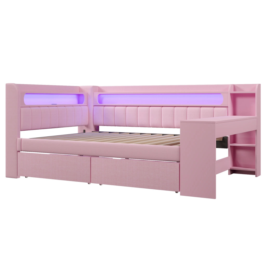 Letto imbottito 140x200 - Zephmum - Rosa con USB, LED, scrivania e 2 cassetti