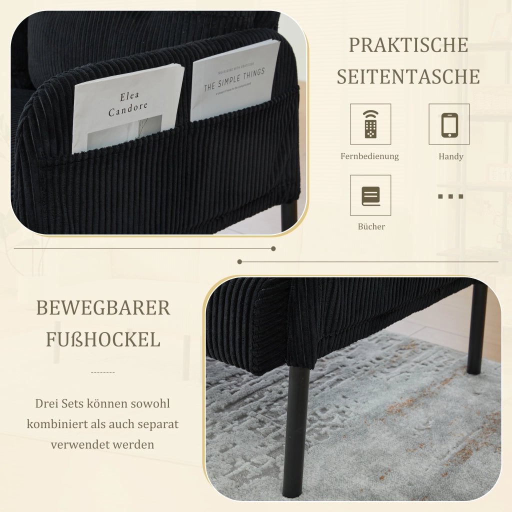 DIVANO 3 posti 171x72x80 cm in corduroy nero con tasca laterale