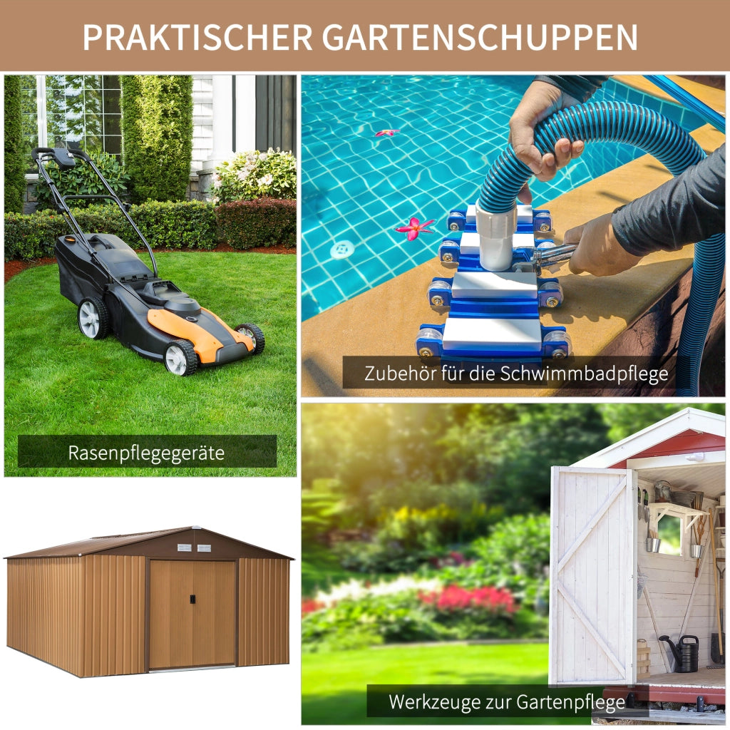 Capanno da giardino in vendita; 340 x 386 x 200 cm; con piastra di base; capanno per attrezzi; capanno da giardino; capanno da giardino; metallo; giallo