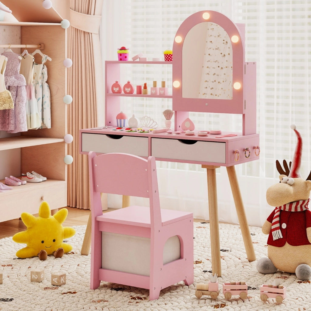 Set tavolo da toeletta per bambini da trucco con 3 modalit¨¤ di illuminazione colorata, Tavolo specchio con armadietto Rosa-Toelette per bimbi