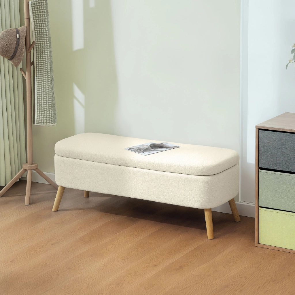 Cassettiera con panca imbottita, 5 cassetti, stoffa in pile, legno di gomma, beige ¨C Minimal ¨C 120x42x45 cm