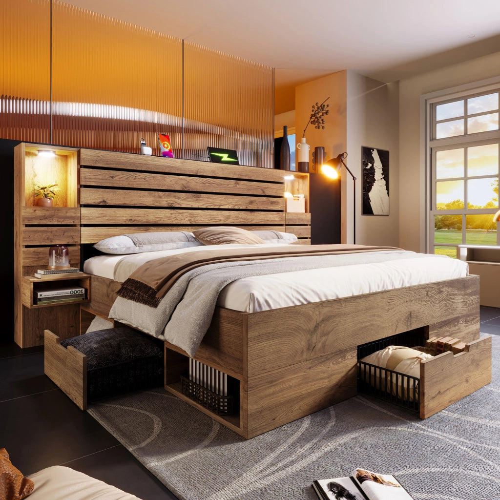 Letto legno 180x200 LED USB Type-C vano cassetti rovere