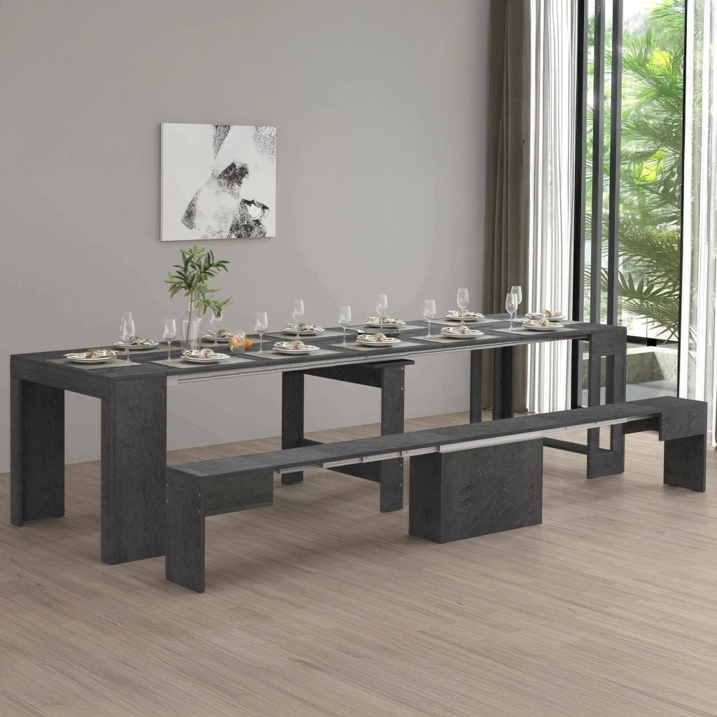 Set tavolo e sedie Badesi, Composizione multiuso, Set con consolle e 1 panca allungabili, 100% Made in Italy, 66x25h45 cm, Ardesia