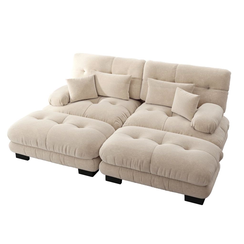 Divano modulare cloud con seduta profonda e 2 pouf mobili cuscini lombari e decorativi in chenille caffè chiaro