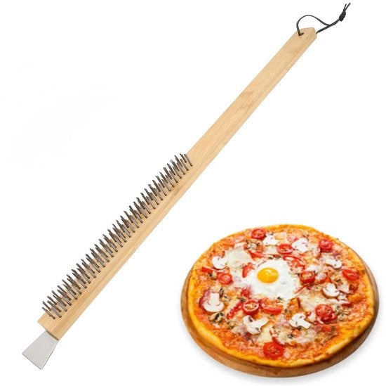 Pizzaborstel con attacco da appendere - Filo di rame - Manico in legno - Spazzola in acciaio inox - Accessori - Pizzastomacchio