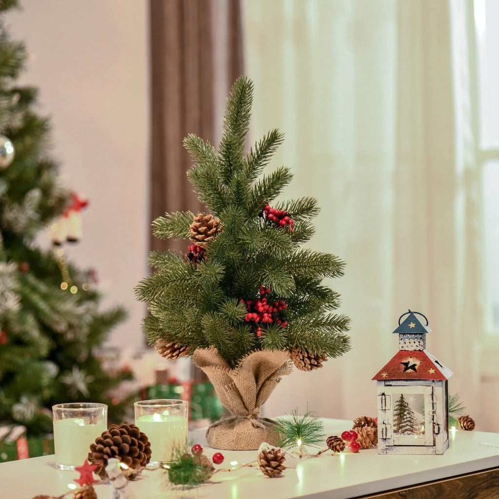 Albero di Natale artificiale in abete da 50 cm con 55 rami, 4 bacche rosse e 4 pigne, base stabile in PE e cemento, ?28 x 50 cm