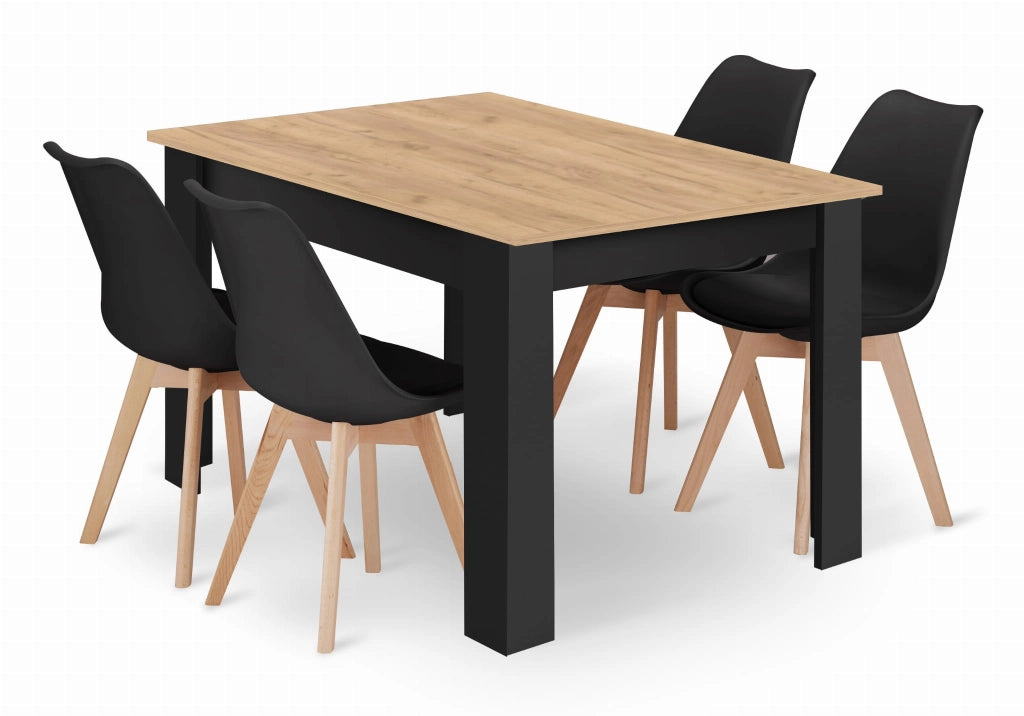 Set di tavolo artigianale VALORA con 4 sedie RIXK, gambe nere - NP