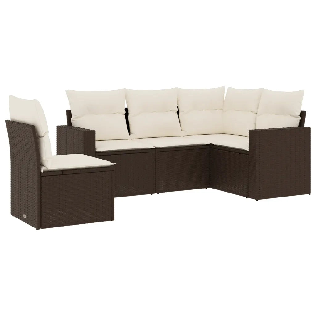 Set Divano da Giardino 5 pz | Set Salotto da Giardino con Cuscini Marrone in Polyrattan