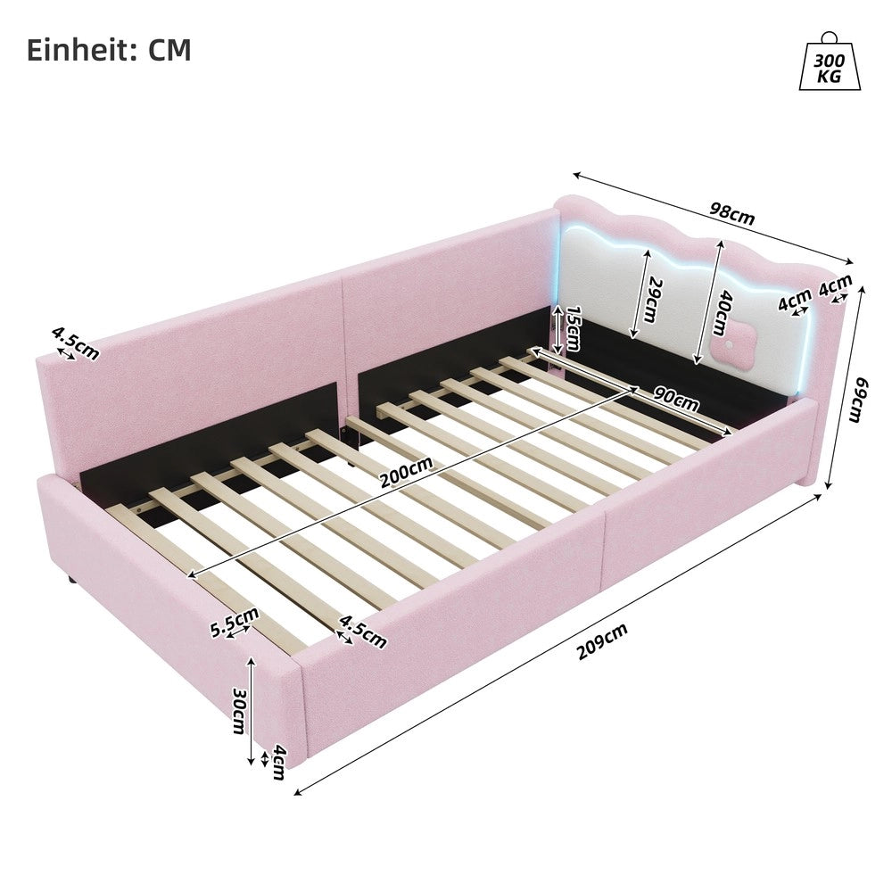 Letto Singolo con LED e Rete a Doghe ¨C MINIMAL ¨C Rosa, Tessuto, 90x200