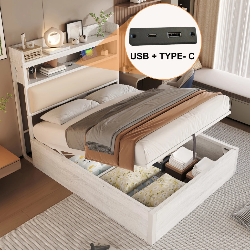LETTO 90x200 cm con contenitore, USB, testiera imbottita, bianco