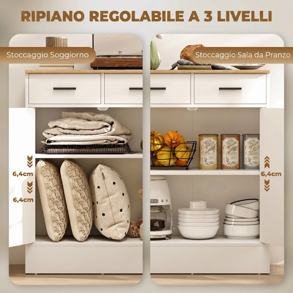 Credenza Bianca con 2 Cassetti e 2 Ante, Ripiano Regolabile ¨C Minimal ¨C Bianco e Legno