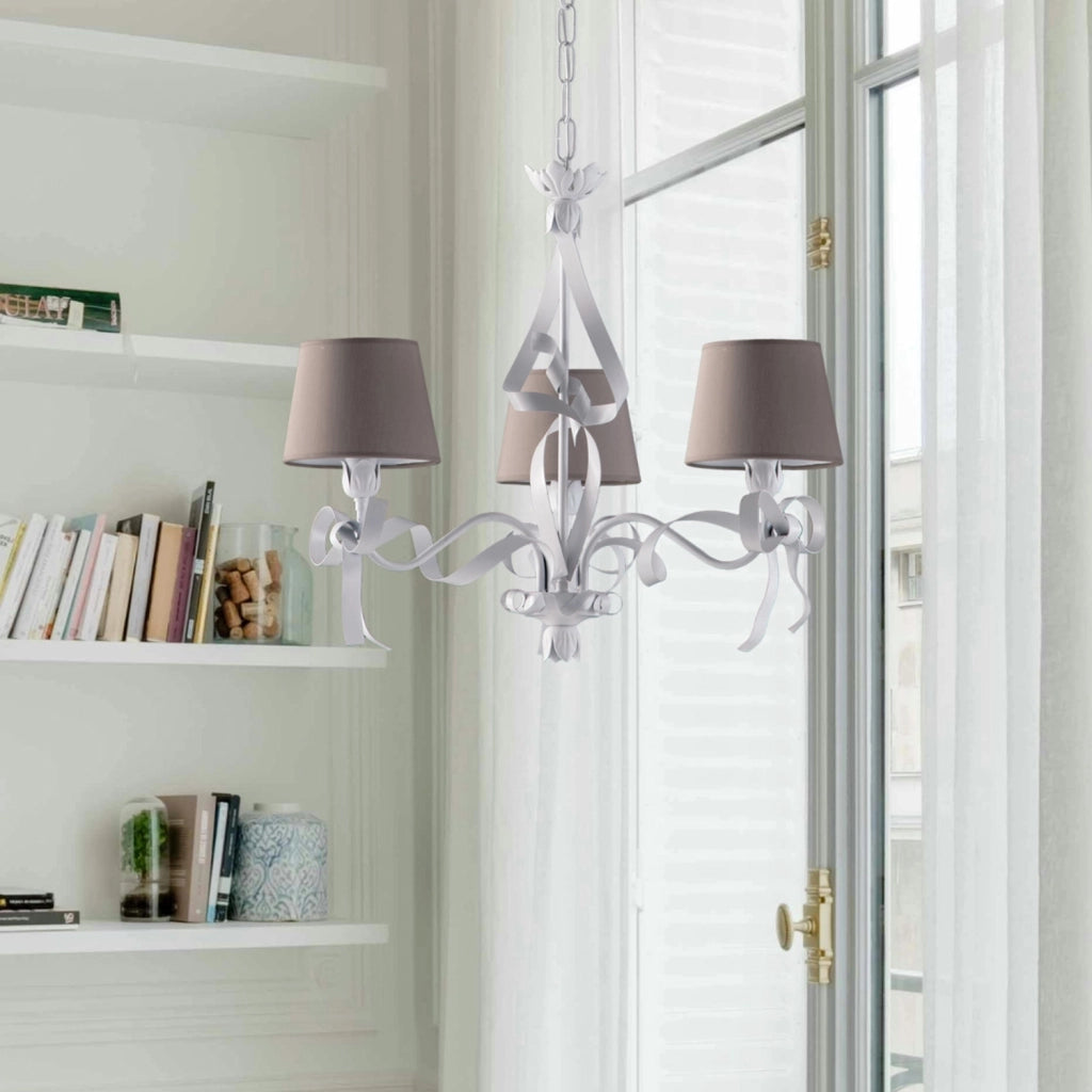 Lampadario Shabby Chic Lucy Bianco 3 Luci Paralumi Tortora BeLight