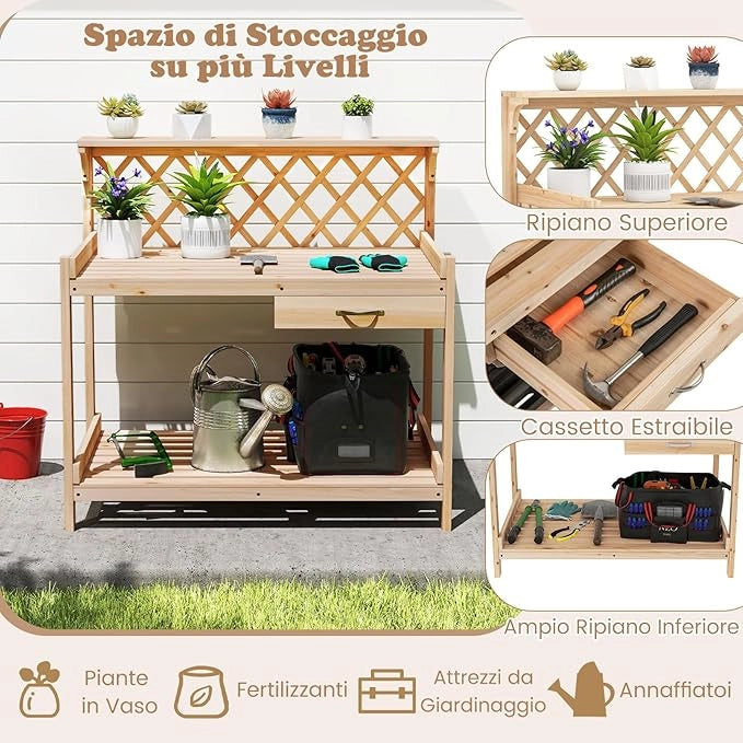 Tavolo per Piante in Legno, Tavolo da Giardino con Traliccio, Cassetto Rimovibile e Ripiano, Tavolino per Vasi di Fiori da Interno ed Esterno per Cortile, Balcone, Prato e Terrazzo