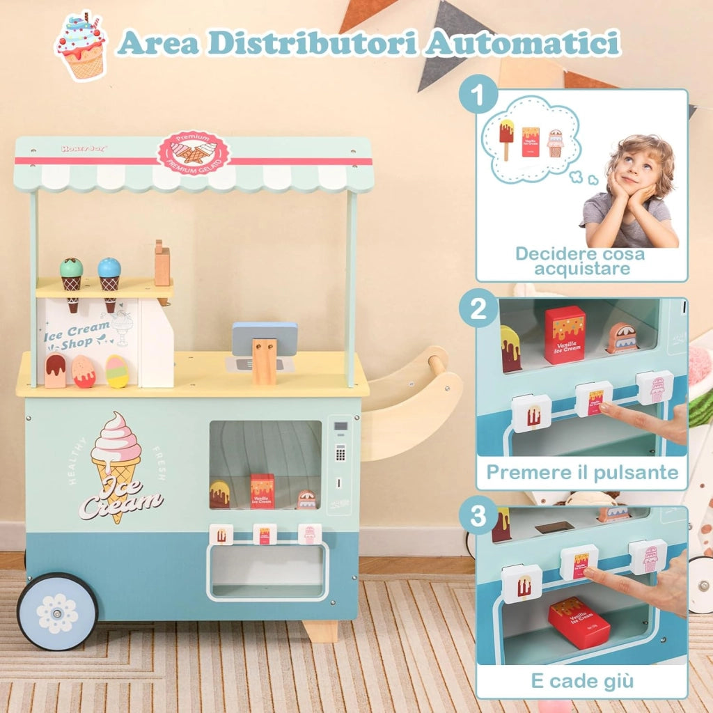 Gelateria Giocattolo per Bambini con Gelatiera, Carrelo dei Gelati in Legno con Ruote e Maniglia, Negozio di Gelati Giocattolo con Cassa e 15 Accessori, per Bambini di 3 + Anni (Verde)
