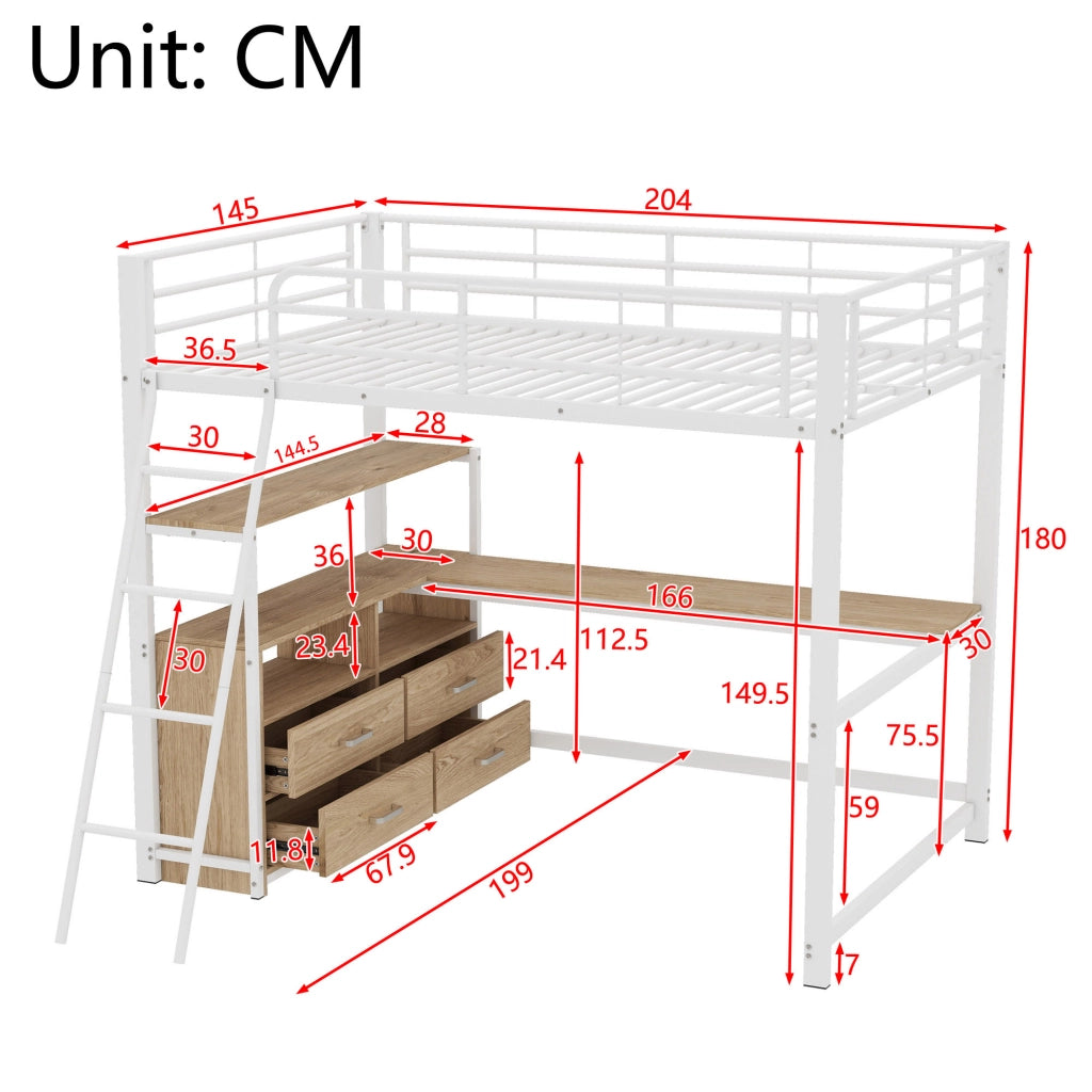 LETTO A CASTELLO 140x200 cm con scrivania a L, cassetti, MDF e metallo, bianco