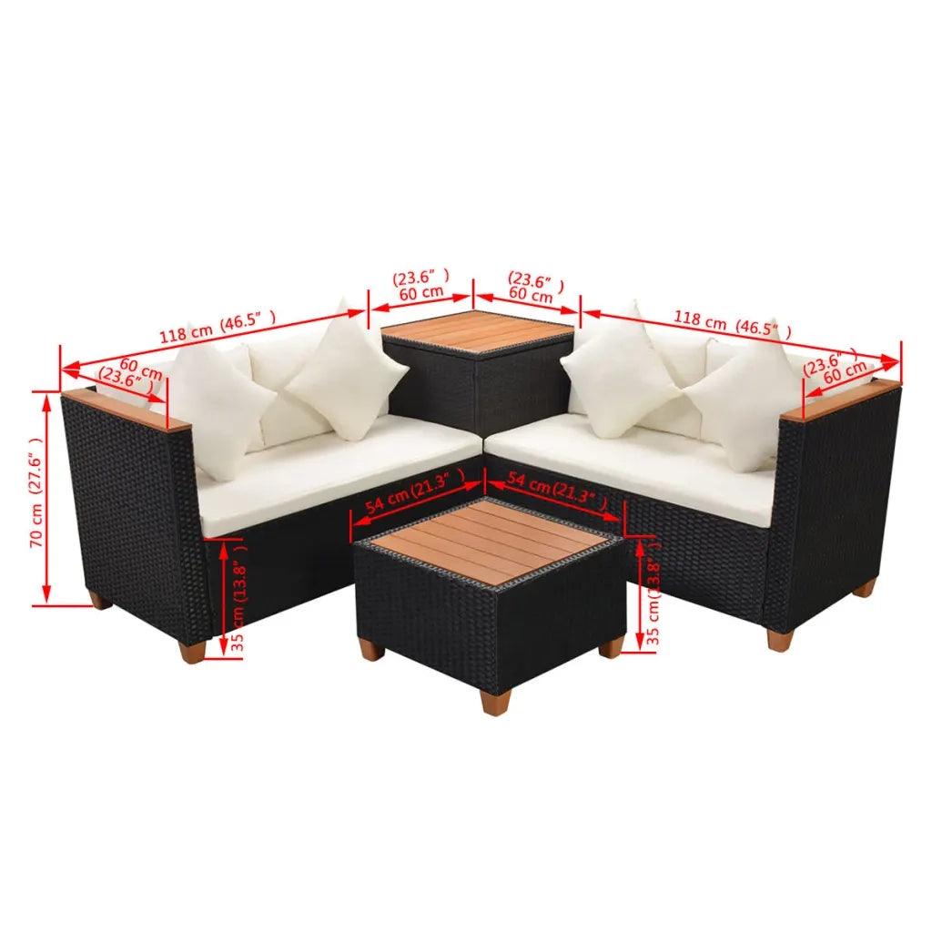 Set Divani da Giardino 4 pz con Cuscini in Polyrattan Nero cod mxl 34803