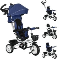 Triciclo Passeggino per Bambini con Maniglione, Parasole Regolabile e Cintura di Sicurezza, Blu Scuro
