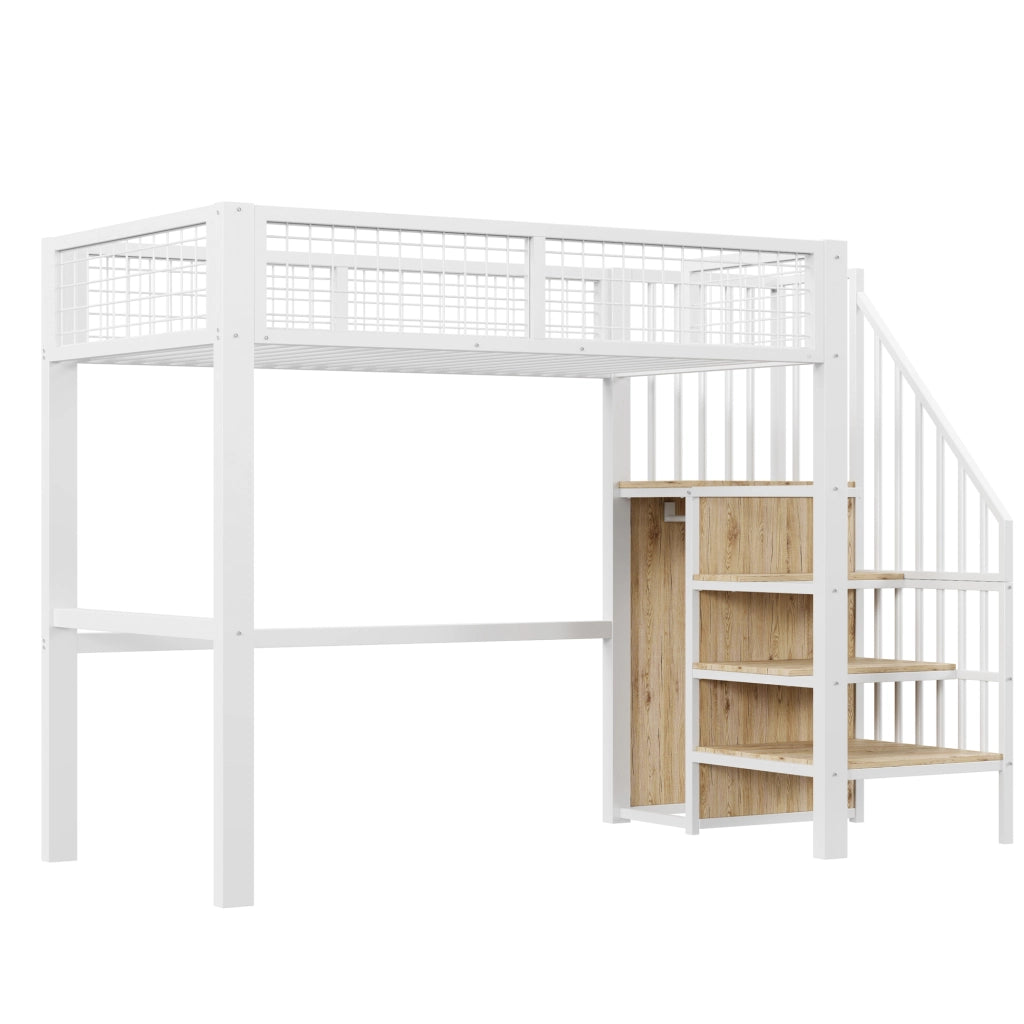 LETTO A CASTELLO 90x200 cm in metallo bianco con scala e armadio