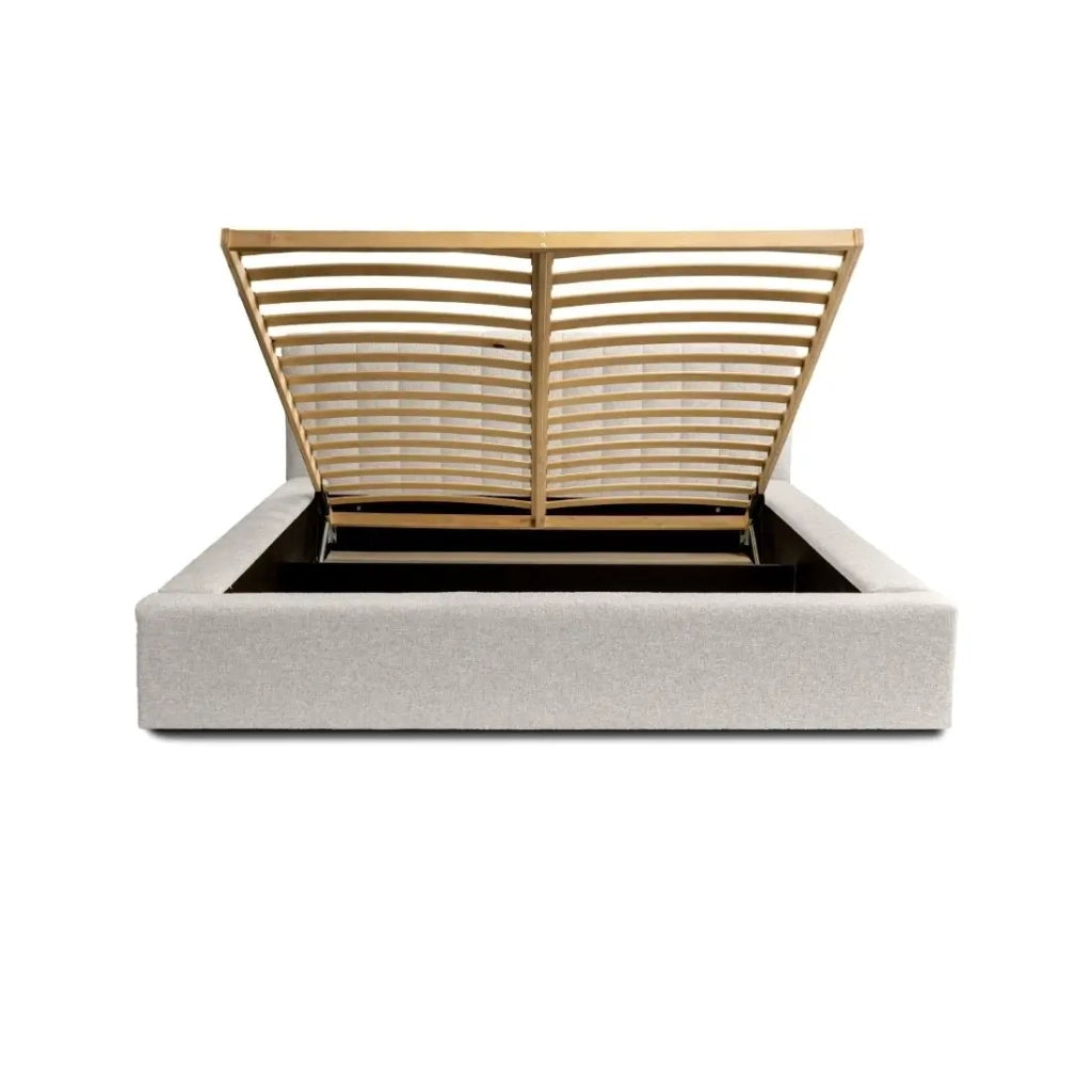 Letto contenitore CERVIN – Tessuto bouclé Nuvola sabbia – 180x200 cm – Rete sollevabile – Design contemporaneo