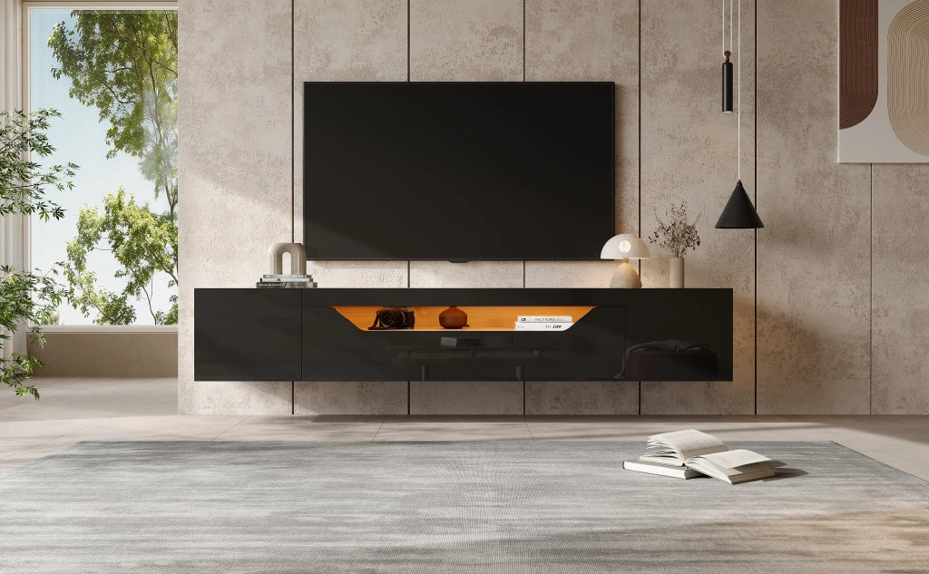 Cassettiera per TV beige e nero in truciolare; lunghezza 180 cm