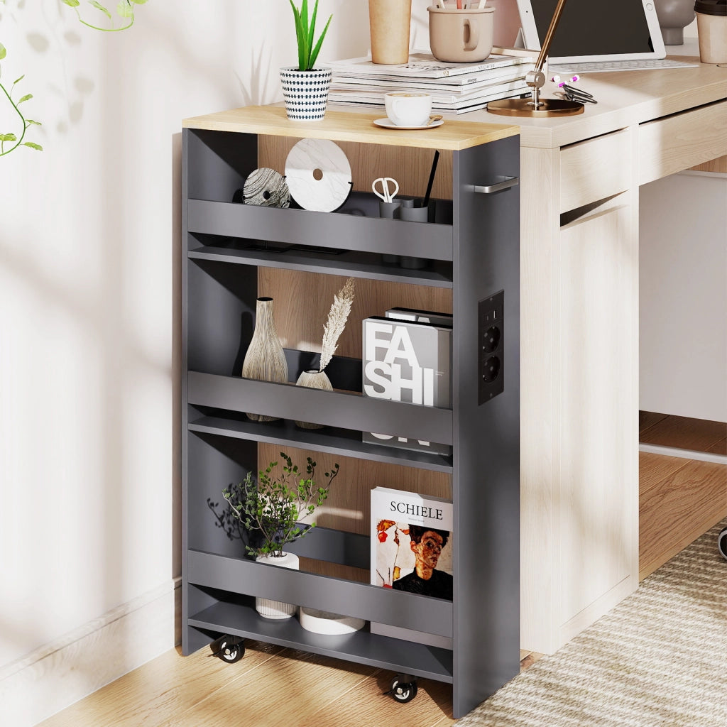 Carrello da cucina 4 ripiani con stazione di ricarica maniglia e parapetti-Scaffale stretto a sfilo con ruote bloccabili per cucina  Grigio  20cm