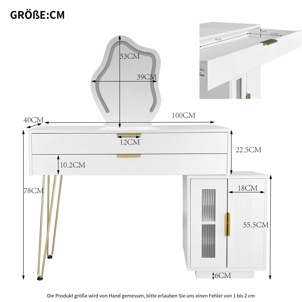 Toeletta con 2 cassetti; specchio LED - camera da letto - 100×40×78 cm - bianco
