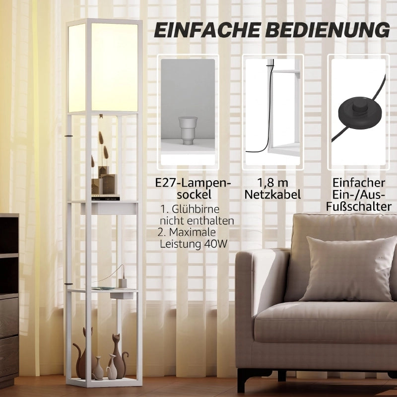 Lampada da terra con ripiano a 3 livelli, interruttore a pedale, porte USB, MDF, bianca