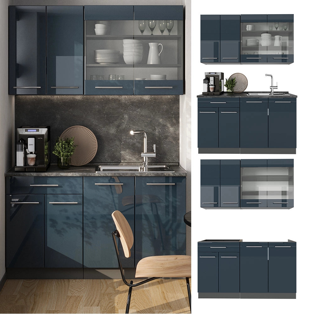 Cucina singola Fame-Line Blu scuro lucido/Antracite 140 cm, PL Antracite Vicco