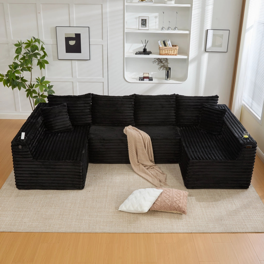 Divano ad U in Velluto a Coste con Portabicchieri ¨C MINIMAL ¨C Angolare, Cuscini, Ergonomico