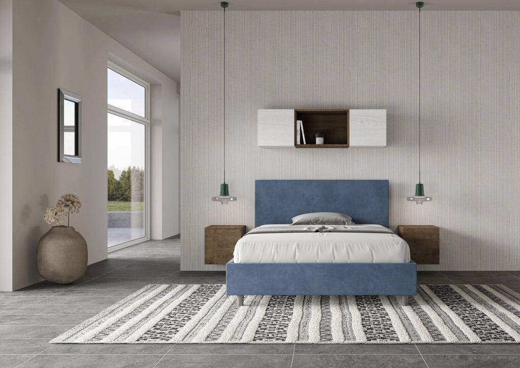 BS COM Letto una piazza e mezza con rete imbottito 130x210 microfibra blu