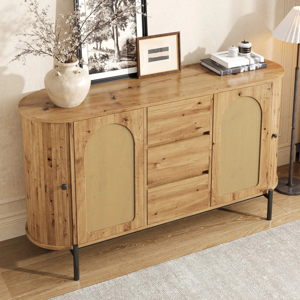 Credenza Ovale con Rattan e Cassetti ¨C MINIMAL ¨C Legno e Metallo