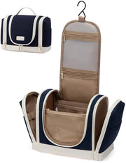 Toilette appesa, grande toilette per viaggiatrice, borsa cosmetica appesa, set con 10 compartimenti per uso quotidiano o viaggio - blu mare/beige